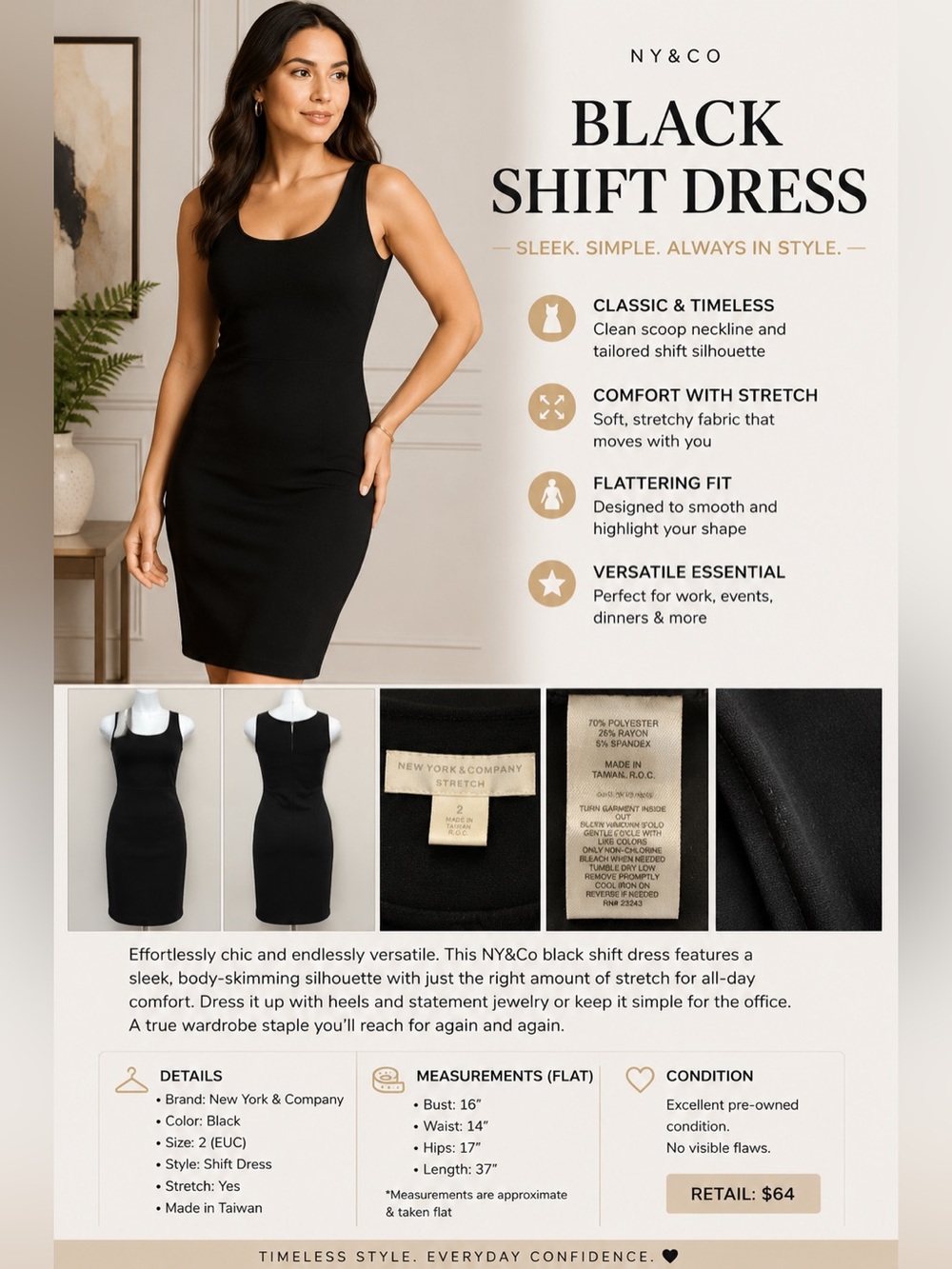 NY&Co Black Stretch Shift Dress Sleeveless Bodycon Midi Size 2